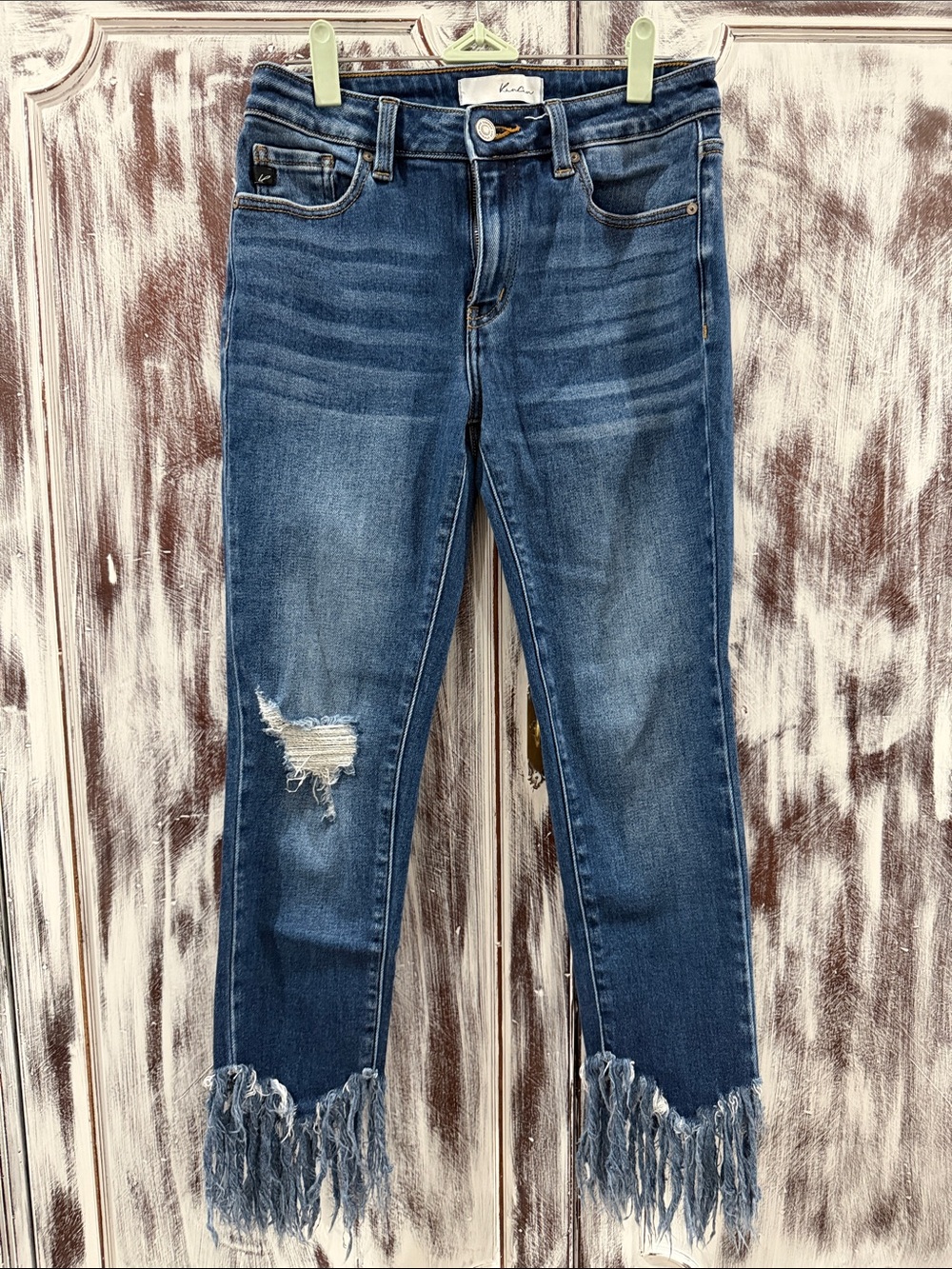 KanCan Dark Blue Distressed Ankle Jeans with Frayed Fringe Hem